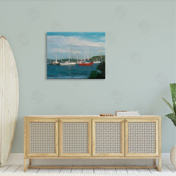 Stupell Industries Stephen Calcasola | Sailboat Fleet Afloat Ocean Water Distant Hills Wall Art