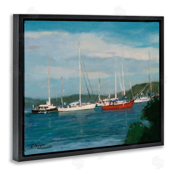 Stupell Industries Stephen Calcasola | Sailboat Fleet Afloat Ocean Water Distant Hills Wall Art