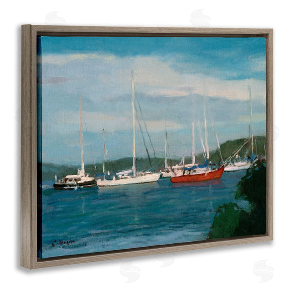 Stupell Industries Stephen Calcasola | Sailboat Fleet Afloat Ocean Water Distant Hills Wall Art