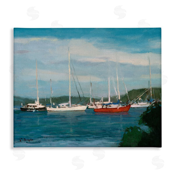 stupell industries Stephen Calcasola | Sailboat Fleet Afloat Ocean Water Distant Hills Wall Art