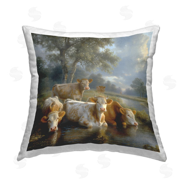 stupell industries Steve Hunziker | Cow Family at Creek Printed Throw Pillow