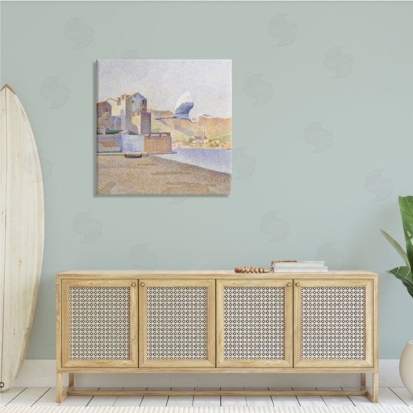 Stupell Industries Steve Hunziker | Flying Crane Bird European Coastal Seaport Pointillism Painting Wall Art