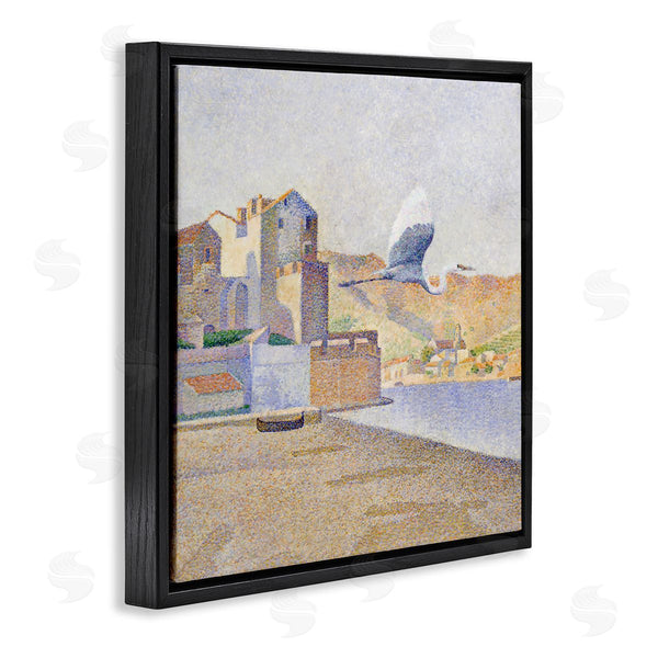 Stupell Industries Steve Hunziker | Flying Crane Bird European Coastal Seaport Pointillism Painting Wall Art