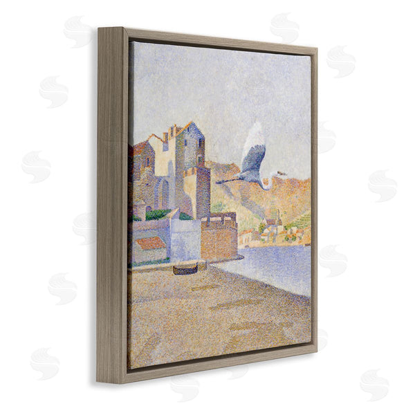 Stupell Industries Steve Hunziker | Flying Crane Bird European Coastal Seaport Pointillism Painting Wall Art