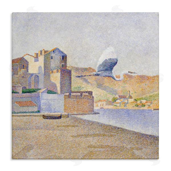 stupell industries Steve Hunziker | Flying Crane Bird European Coastal Seaport Pointillism Painting Wall Art
