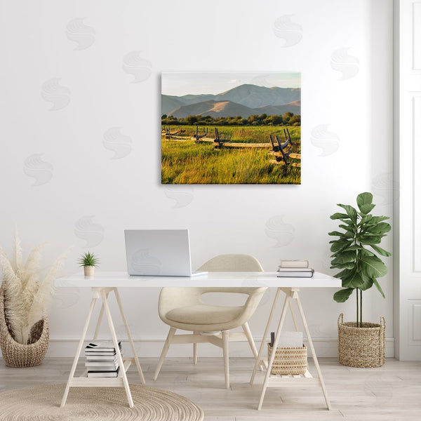 Stupell Industries Steve Smith | Grassland Farm Fence Countryside Sunny Mountain Scene Wall Art