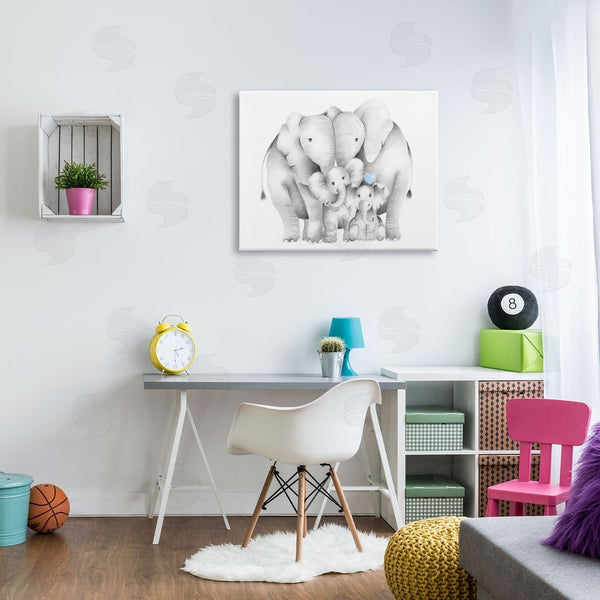 Stupell Industries Studio Q | Happy Elephant Family Blue Heart Pop Baby Animals Wall Art
