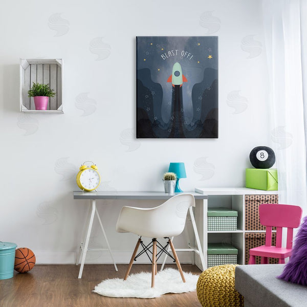 Stupell Industries Stupell Studio | Blast Off Retro Blue Space Rocket With Stars Wall Art