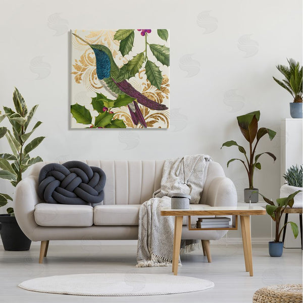 Stupell Industries Stupell Studio | Curious Hummingbird Golden Pattern Winter Holly Bird Wall Art