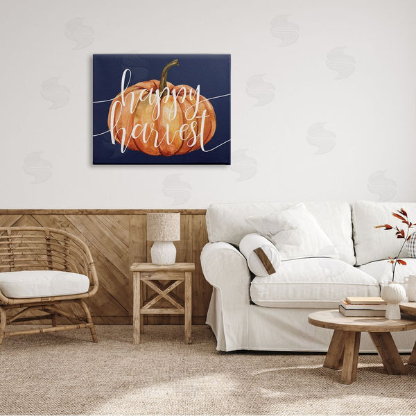 Stupell Industries Stupell Studio | Happy Harvest Phrase Orange Pumpkin Over Blue Wall Art