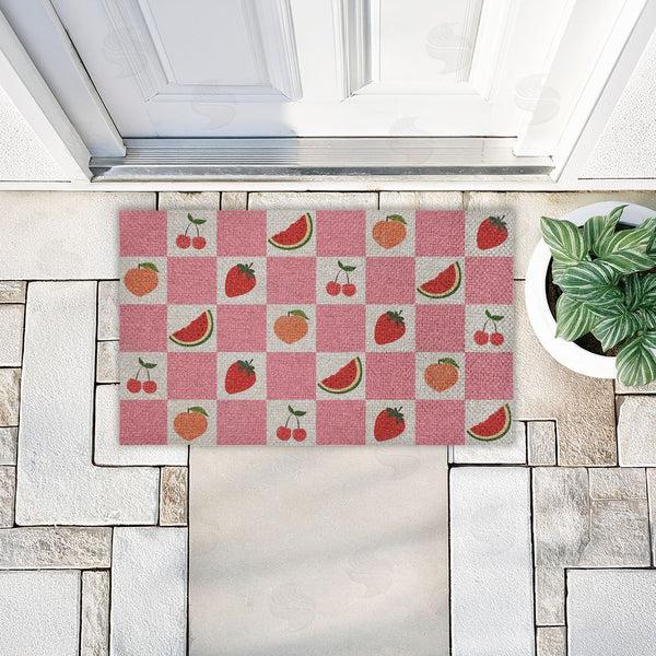 Stupell Industries Stupell Studio | Pink Kitchen Fruits Checkered Faux Sisal Door Mat