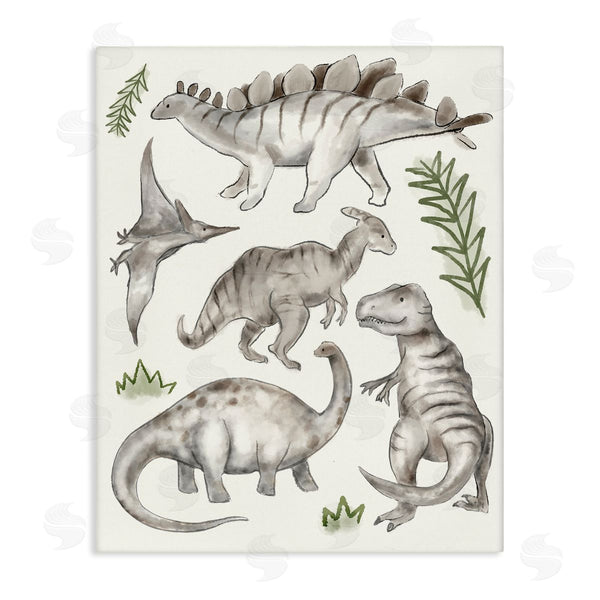 stupell industries Stupell Studio | Playful Grey Dinosaurs Minimal Green Leafy Plants Wall Art