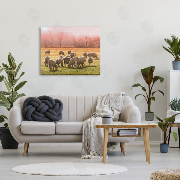 Stupell Industries Stupell Studio | Sheep Herd Grazing Warm Pink Sunset Rural Grassland Wall Art