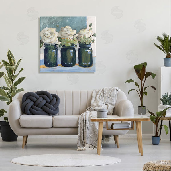 Stupell Industries Sue Riger | White Roses Country Jars Floral Arrangement Bouquets Wall Art