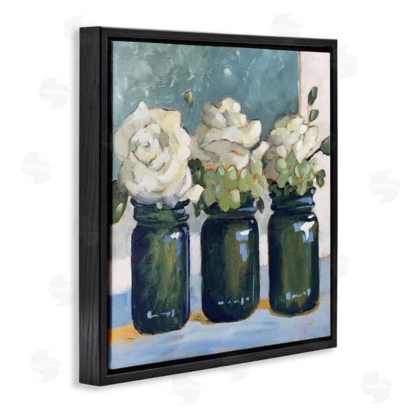 Stupell Industries Sue Riger | White Roses Country Jars Floral Arrangement Bouquets Wall Art