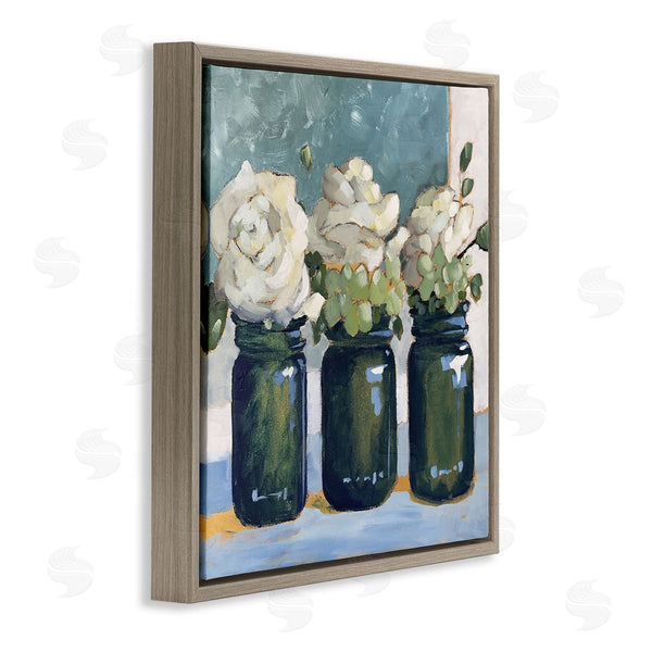 Stupell Industries Sue Riger | White Roses Country Jars Floral Arrangement Bouquets Wall Art