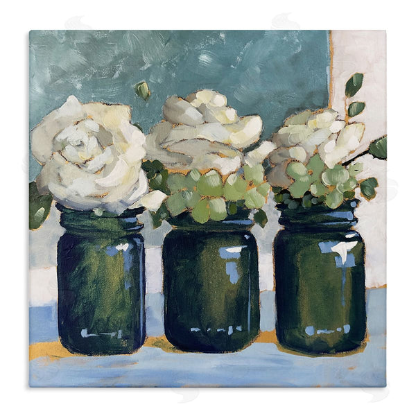stupell industries Sue Riger | White Roses Country Jars Floral Arrangement Bouquets Wall Art