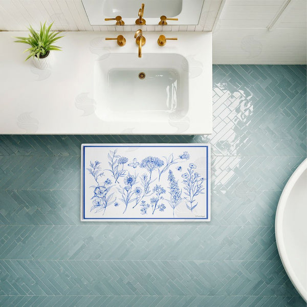 Stupell Industries Susan Winget | Single Blue Flower Sprigs Plush Bath Mat