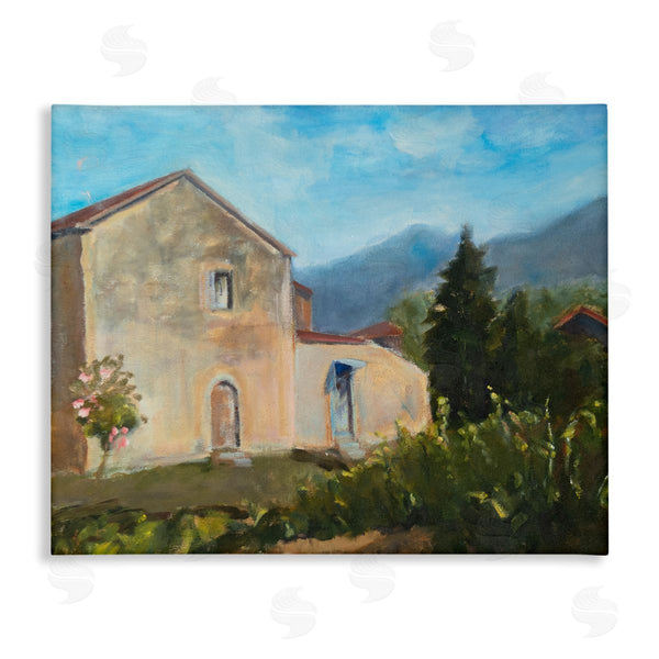 stupell industries Susanne Marie | Traditional Vineyard Villa Landscape Tall Trees Mountain Range Wall Art