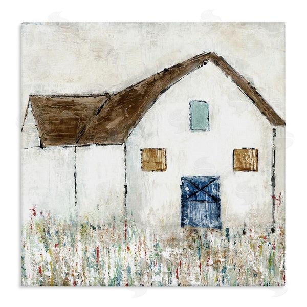 stupell industries Tava Studios | Rural White Barn Grassy Meadow Thick Brushstrokes Wall Art