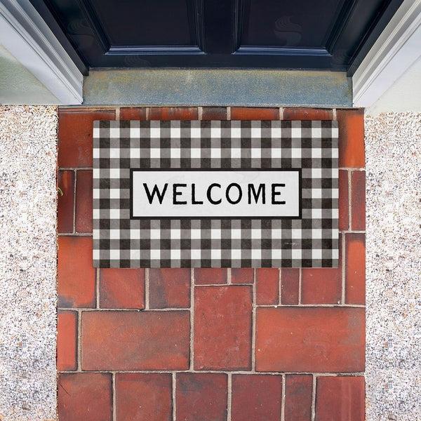 Stupell Industries Tim Coffey | Black Checkered Gingham Welcome Non-Woven Door Mat