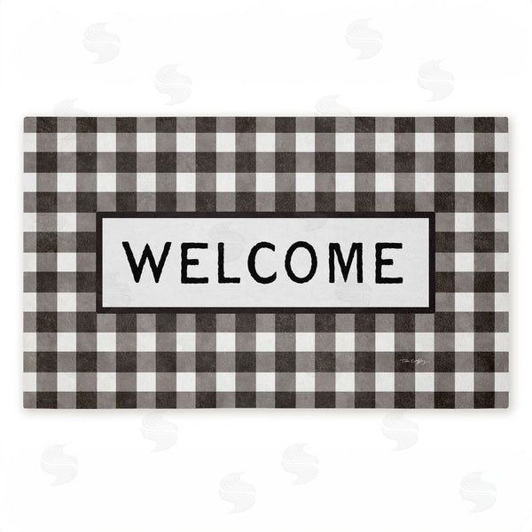 stupell industries Tim Coffey | Black Checkered Gingham Welcome Non-Woven Door Mat