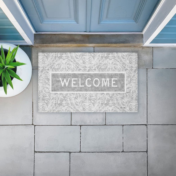 Stupell Industries Tim Coffey | Distressed Damask Welcome Non-Woven Door Mat