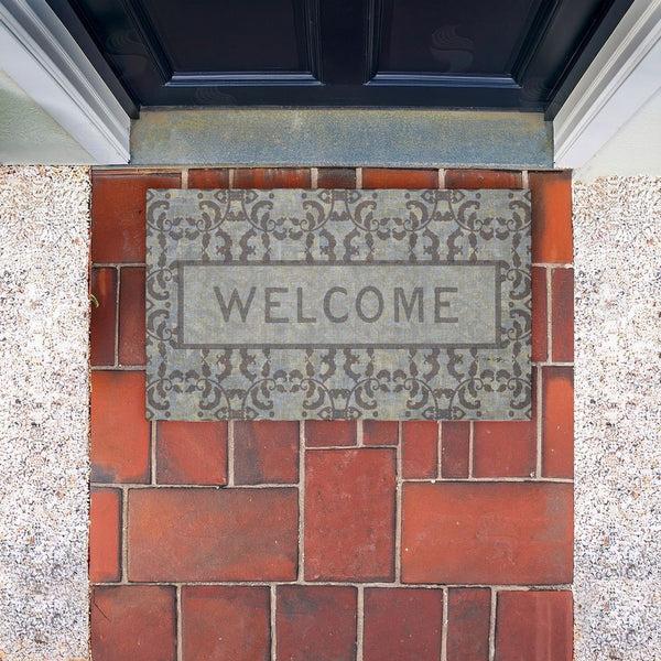 Stupell Industries Tim Coffey | Gray Vintage Pattern Welcome Non-Woven Door Mat