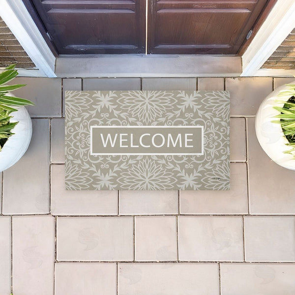 Stupell Industries Tim Coffey | Green Damask Welcome Non-Woven Door Mat