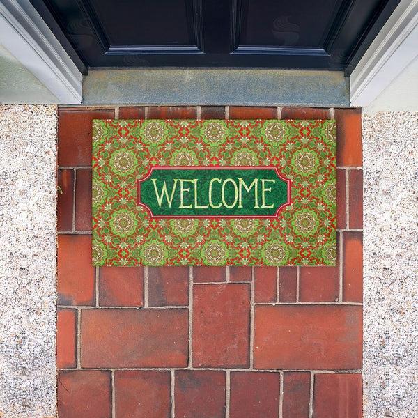 Stupell Industries Tim Coffey | Green Fractal Kaleidoscope Welcome Non-Woven Door Mat
