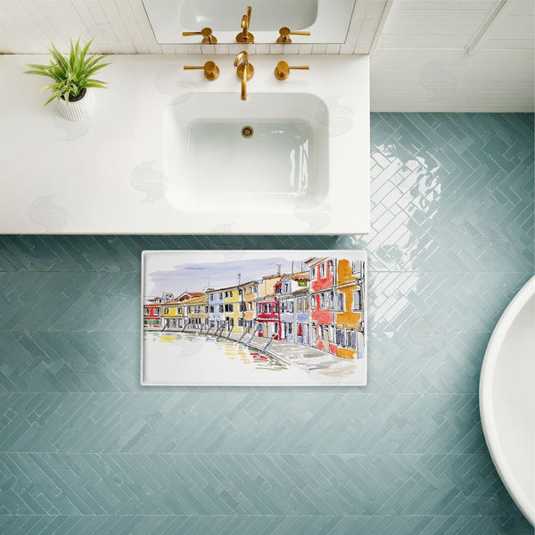 Stupell Industries Tim Coffey | Quaint Coastal Town Buildings Plush Bath Mat
