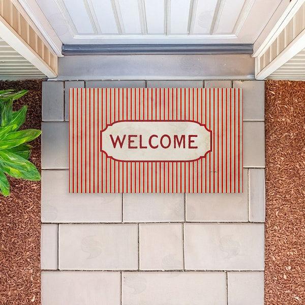 Stupell Industries Tim Coffey | Red & Green Pinstripes Welcome Non-Woven Door Mat