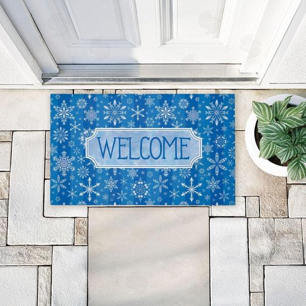 Stupell Industries Tim Coffey | Welcome Blue Falling Snowflakes Non-Woven Door Mat