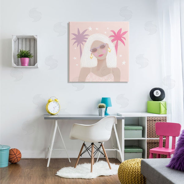 Stupell Industries Tina Devins | Tropical Girl Fashionista Pink Palm Trees Starry Sky Wall Art