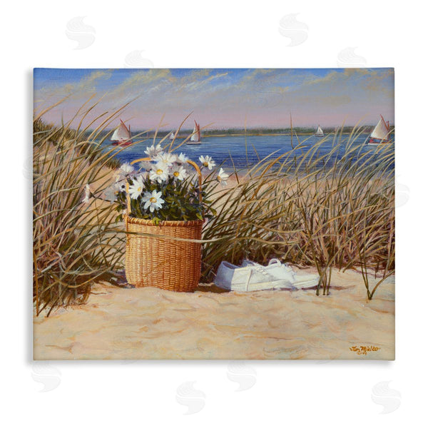 stupell industries Tom Mielko | Coastal Flower Blossom Basket Windblown Beach Grass Wall Art