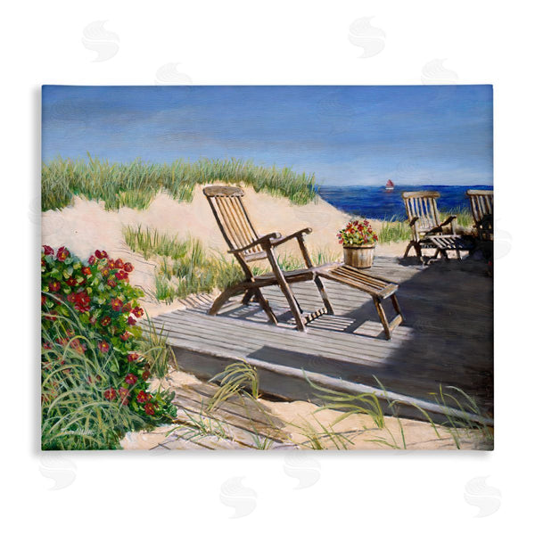 stupell industries Tom Mielko | Relaxing Waterfront Boardwalk Beach Chairs Summer Scene Wall Art