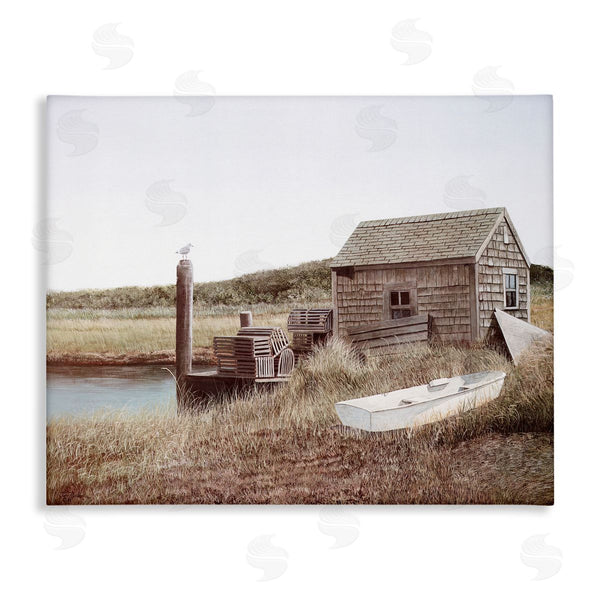 stupell industries Tom Mielko | Rural Seaside Cabin Seagull Perched Canoe Boat Wall Art
