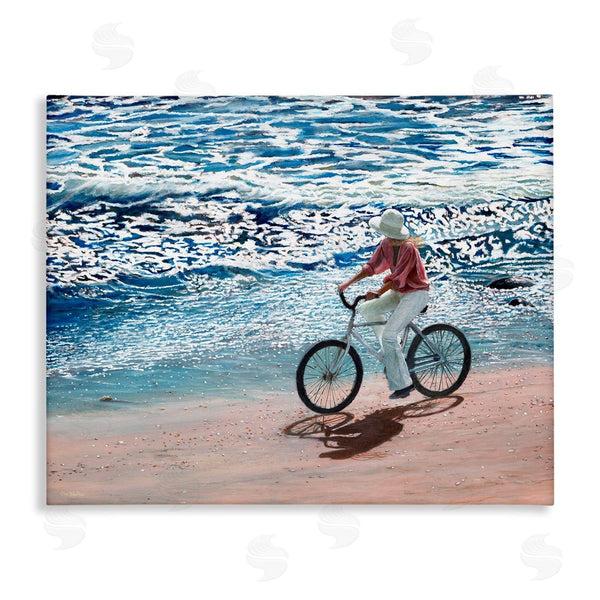stupell industries Tom Mielko | Woman Riding Bicycle Coastal Beach Shoreline Landscape Wall Art