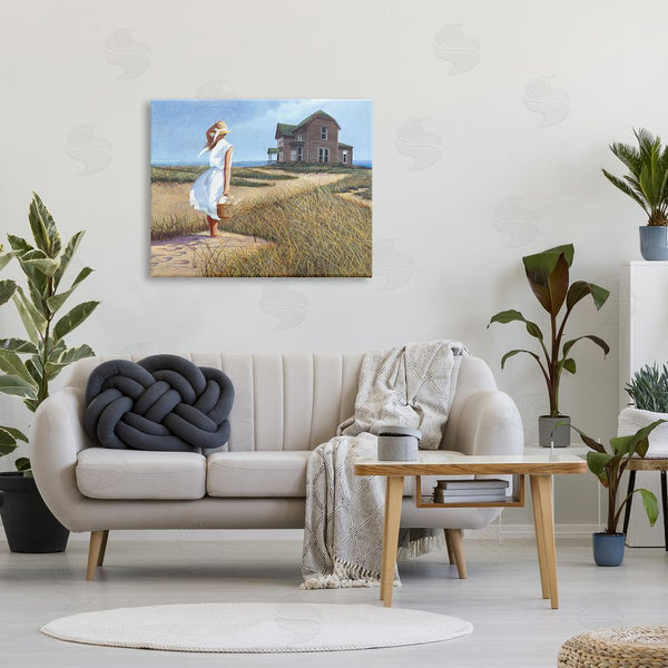 Stupell Industries Tom Mielko | Woman Standing Windswept Breeze Distant Beach House Wall Art