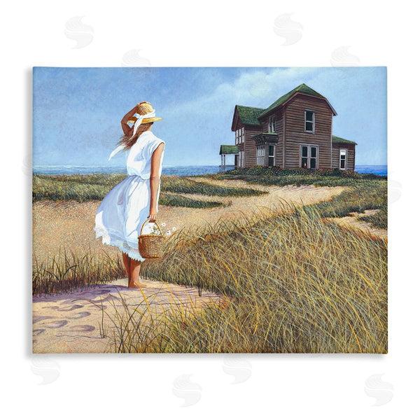 stupell industries Tom Mielko | Woman Standing Windswept Breeze Distant Beach House Wall Art