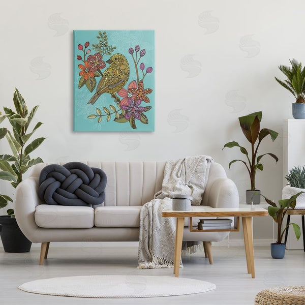 Stupell Industries Valentina Harper | Finch Perched Flower Branch Intricate Pattern Designs Wall Art