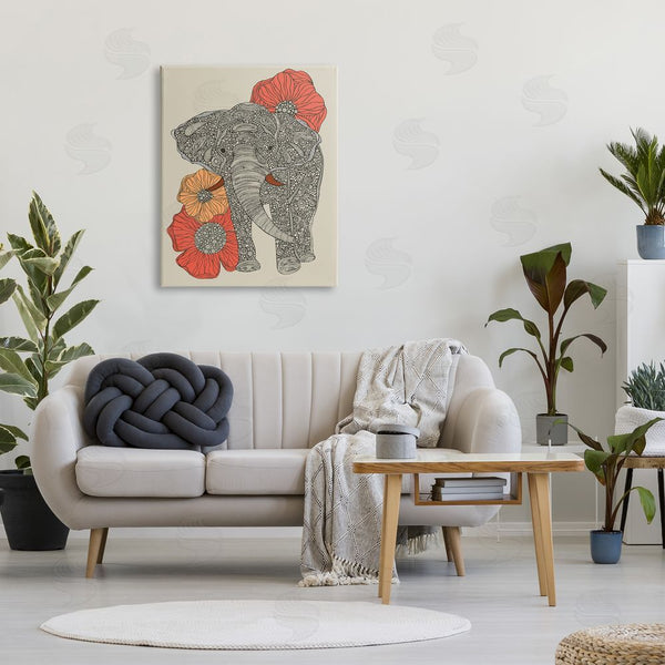 Stupell Industries Valentina Harper | Standing Elephant Bright Poppies Floral Paisley Fractals Wall Art