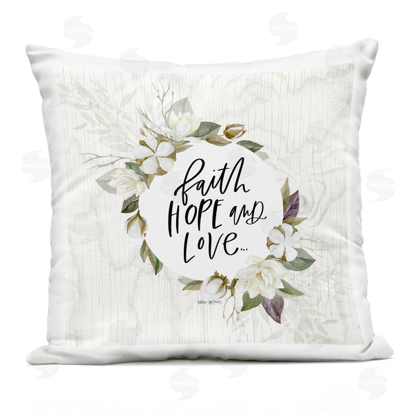 Stupell Industries Valerie Wieners | Faith Hope Love White Floral Wreath Sentiment Printed Throw Pillow