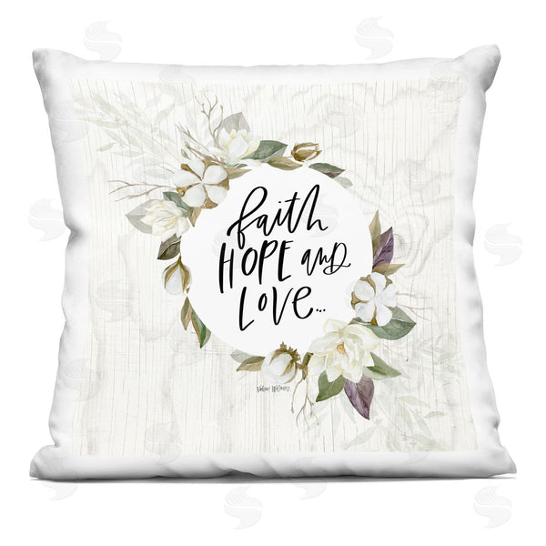 stupell industries Valerie Wieners | Faith Hope Love White Floral Wreath Sentiment Printed Throw Pillow