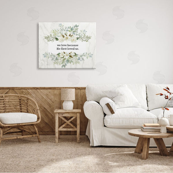 Stupell Industries Valerie Wieners | He First Loved Us Sentiment Charming White Florals Wall Art