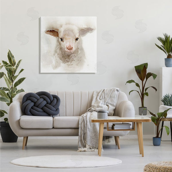 Stupell Industries Verbrugge Watercolor | Baby Lamb Farm Portrait Minimal Shaggy Animal Wall Art
