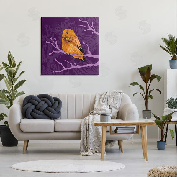 Stupell Industries Verbrugge Watercolor | Bold Orange Bird Sitting Purple Branches Layered Botanicals Wall Art