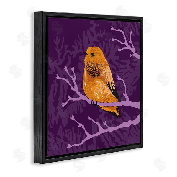 Stupell Industries Verbrugge Watercolor | Bold Orange Bird Sitting Purple Branches Layered Botanicals Wall Art