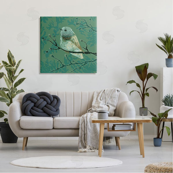 Stupell Industries Verbrugge Watercolor | Green Bird Perched Abstract Botanical Sprigs Detail Wall Art