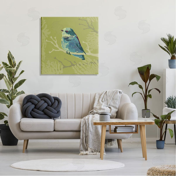 Stupell Industries Verbrugge Watercolor | Small Blue Bird Perched Modern Layered Botanicals Wall Art